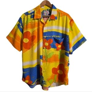Vintage Jams World Shirt Large Yellow S-Sleeve Colorful Floral Surf Hawaii